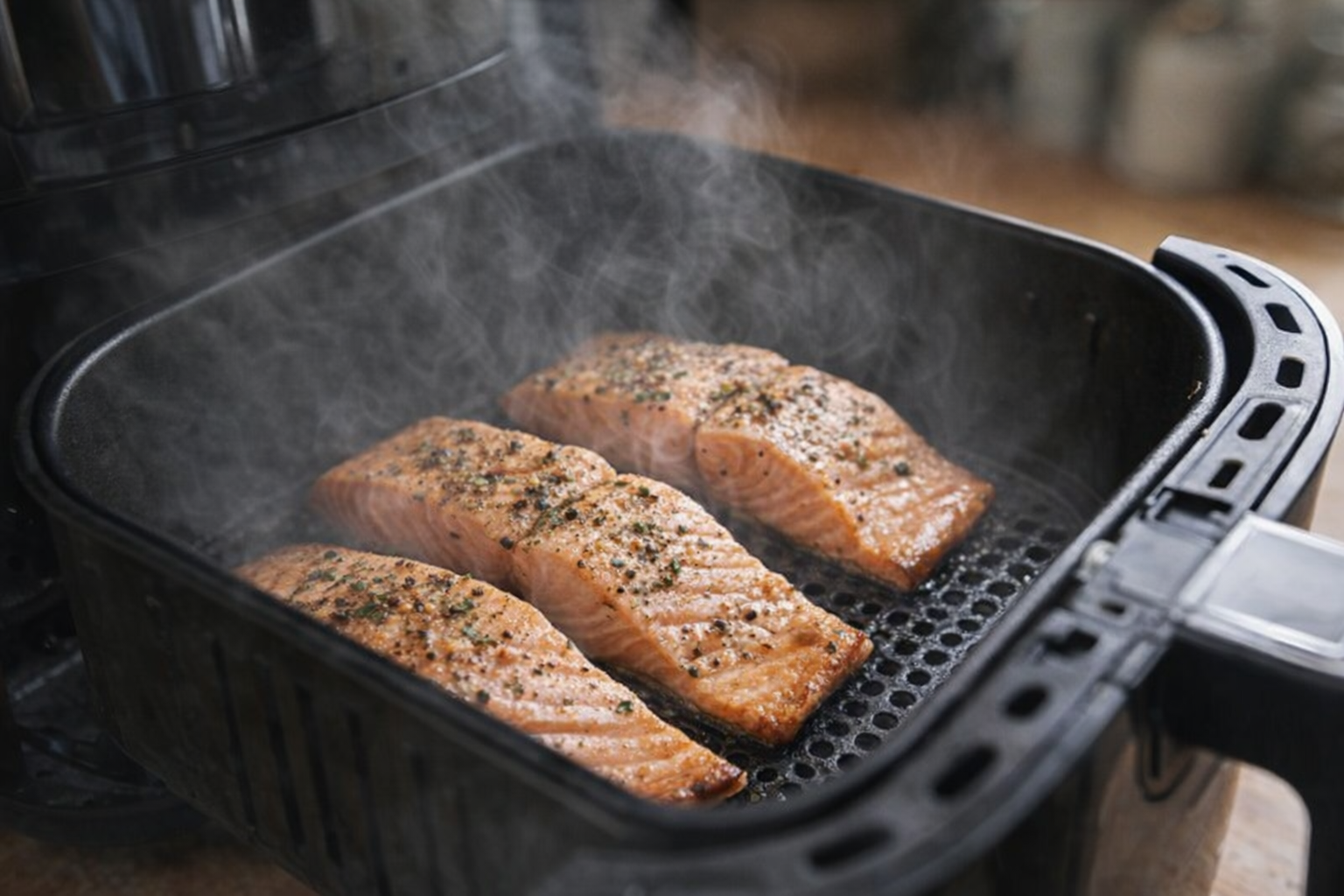 An action shot of salmon fillets cooking in an air fryer, visible steam, slight browning on the edges, basket slightly pulled out to show the food